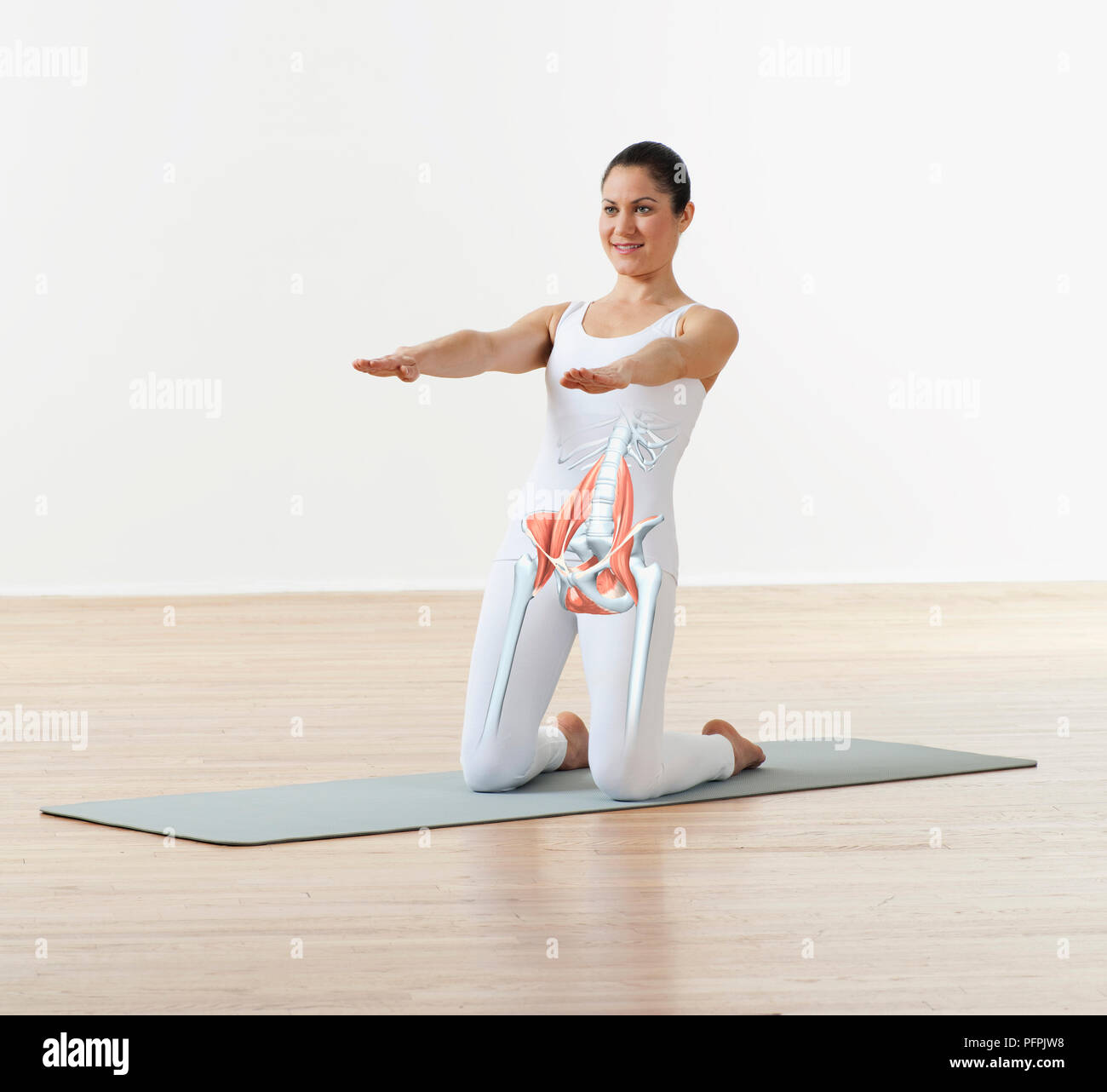 Spine and lower body organs superimposed on body of woman doing stretching exercise, kneeling and leaning back, arms out in front of her Stock Photo