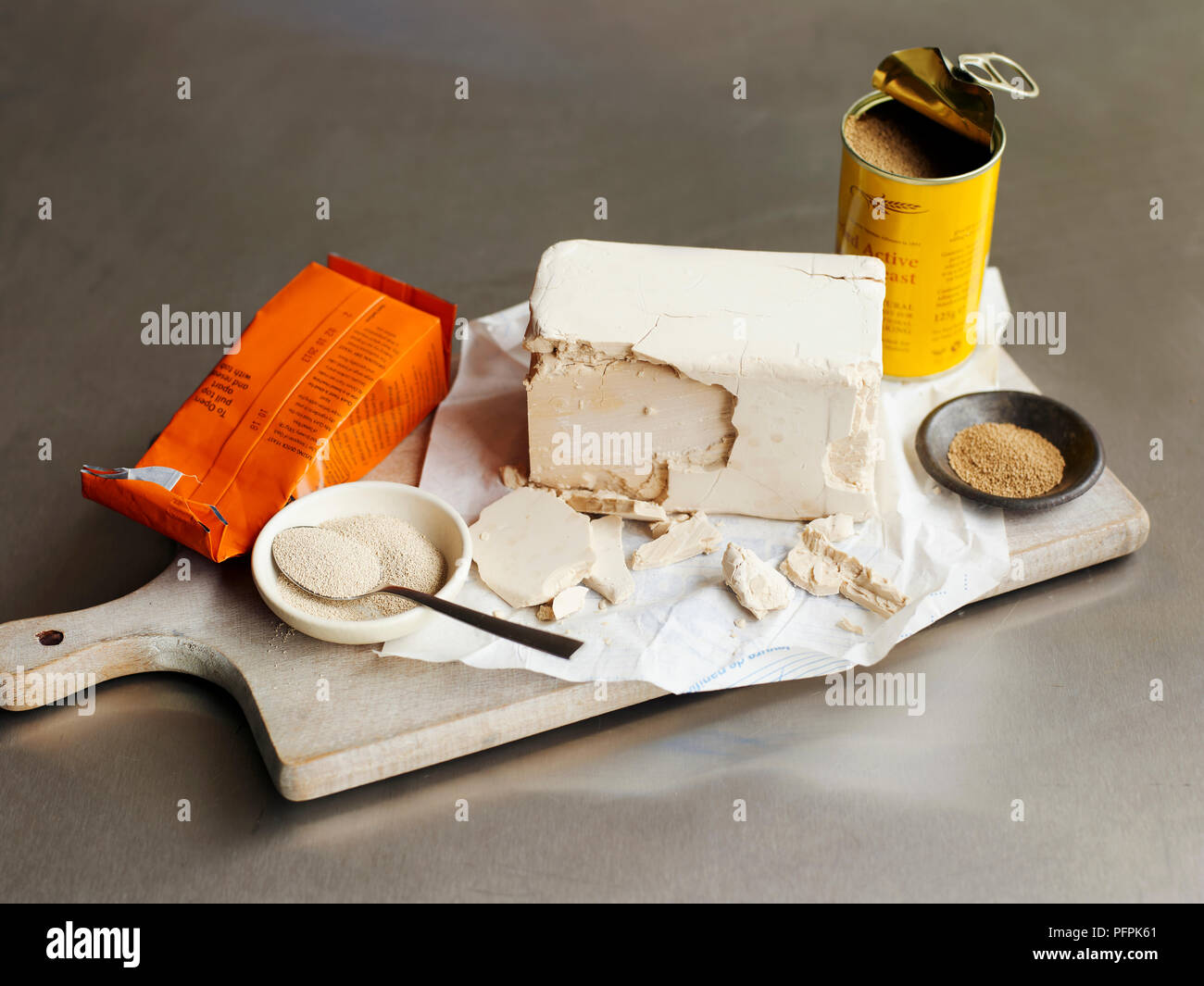 Assorted types or forms of yeast, including block of compressed yeast