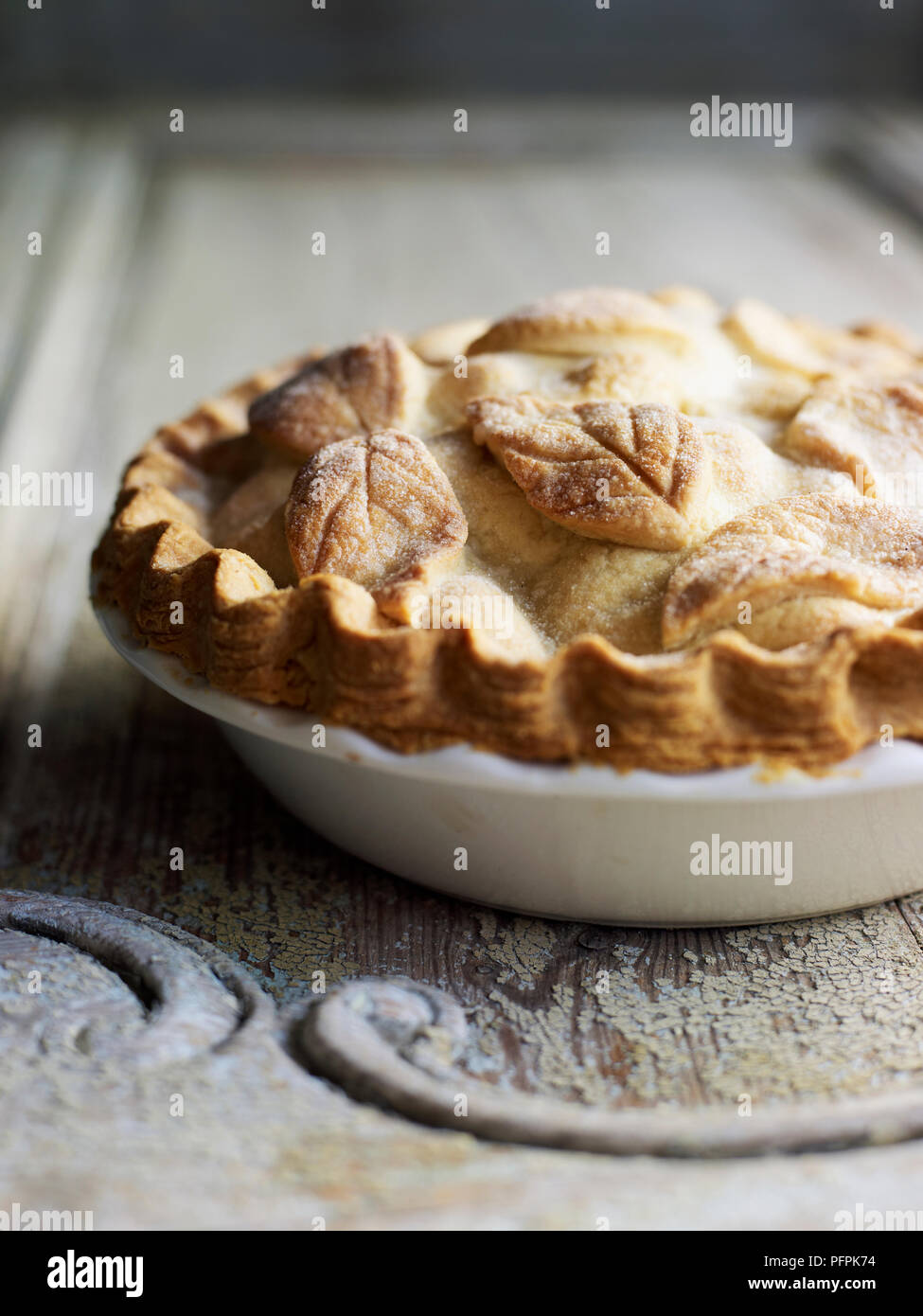 Apple pie with leaf pattern crust Stock Photo