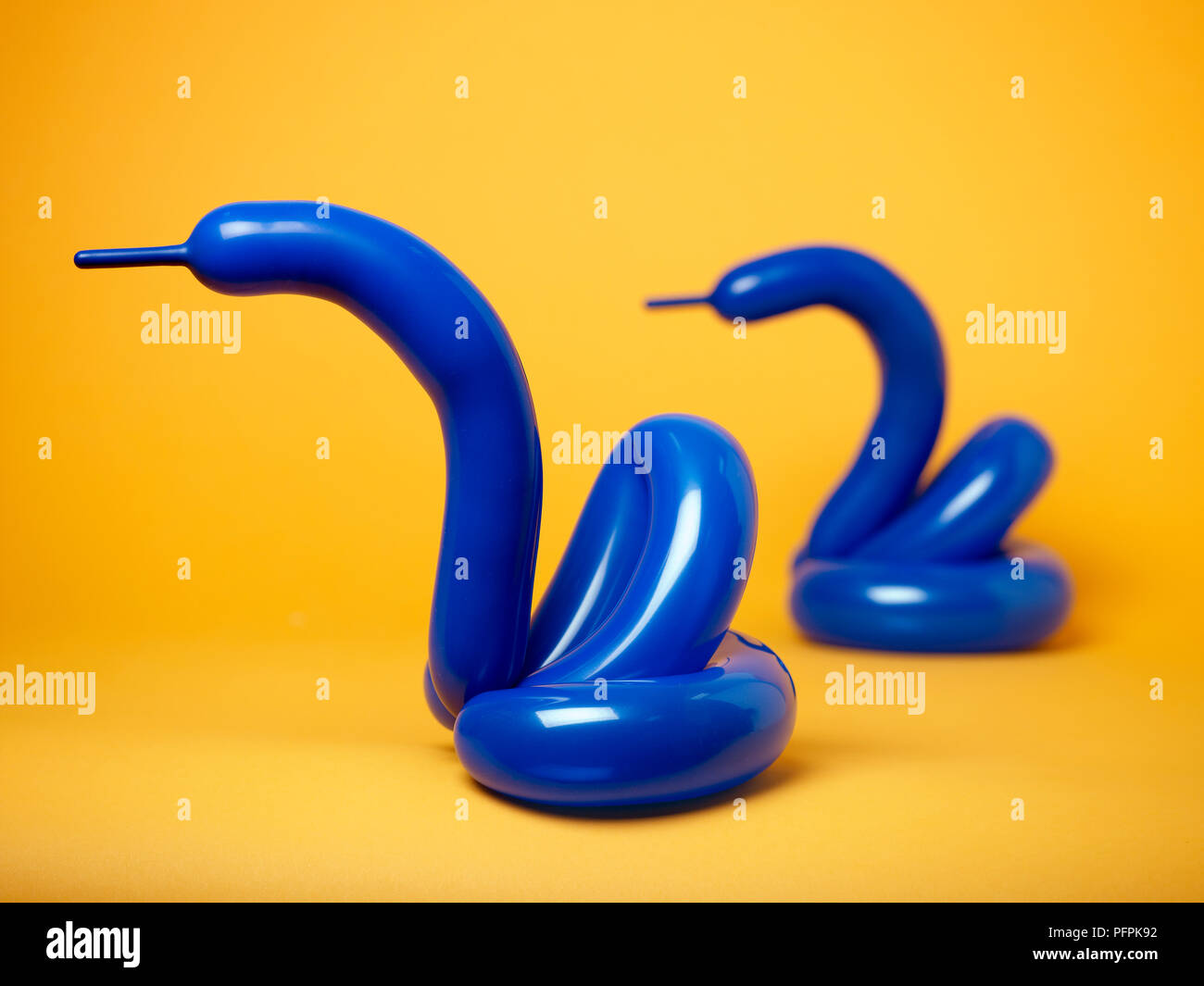 Blue balloon swans on yellow background Stock Photo