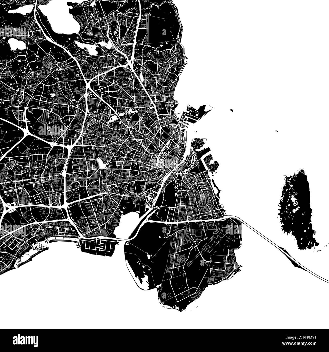 Area map of Copenhagen, Denmark. Dark background version for infographic and marketing projects. This map of Copenhagen, contains typical landmarks wi Stock Vector