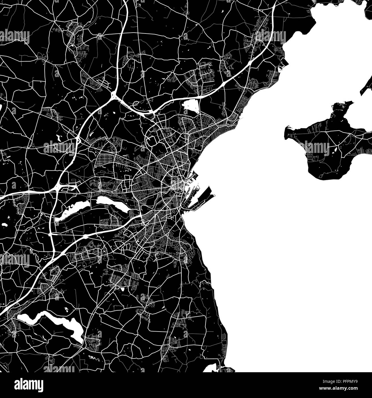 Area map of Aarhus, Denmark. Dark background version for infographic and marketing projects. This map of Aarhus, contains typical landmarks with stree Stock Vector
