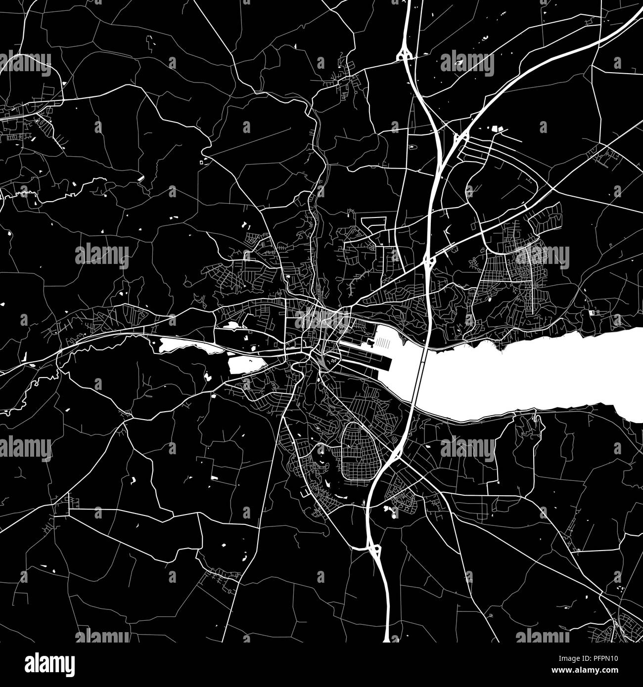 Area map of Vejle, Denmark. Dark background version for infographic and marketing projects. This map of Vejle, contains typical landmarks with streets Stock Vector