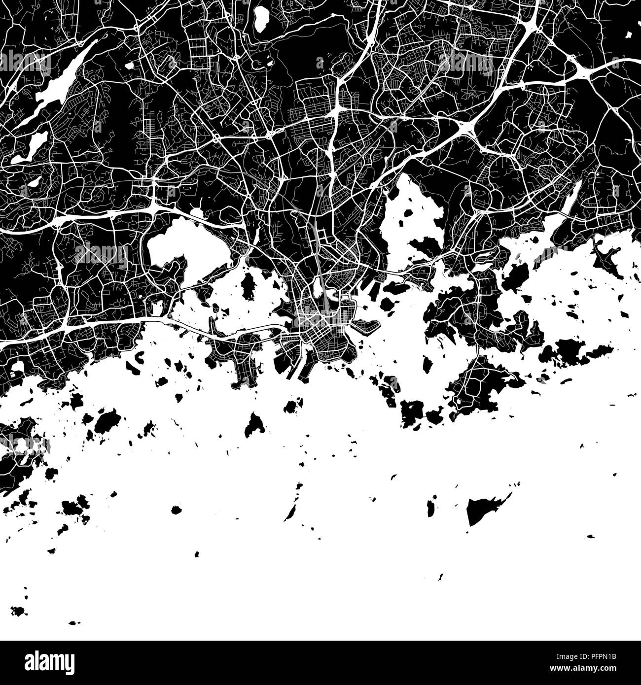 Area map of Helsinki, Finland. Dark background version for infographic and marketing projects. This map of Helsinki, contains typical landmarks with s Stock Vector