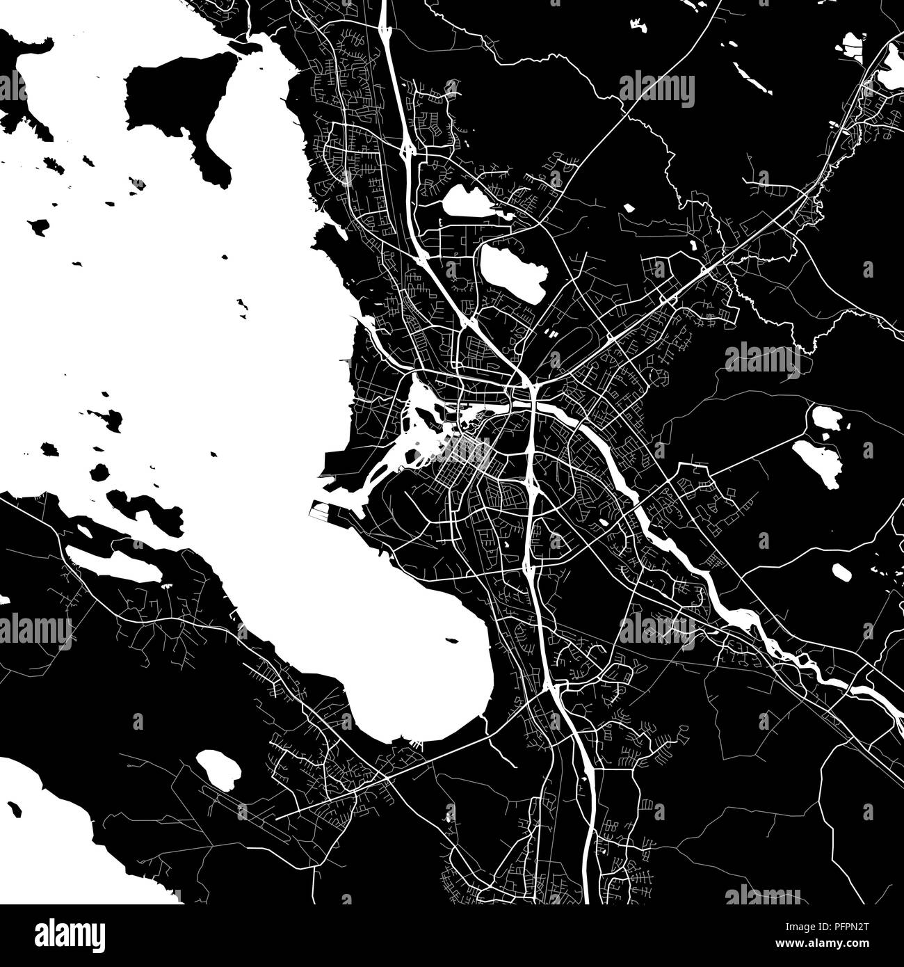 Area map of Oulu, Finland. Dark background version for infographic and marketing projects. This map of Oulu, contains typical landmarks with streets,  Stock Vector