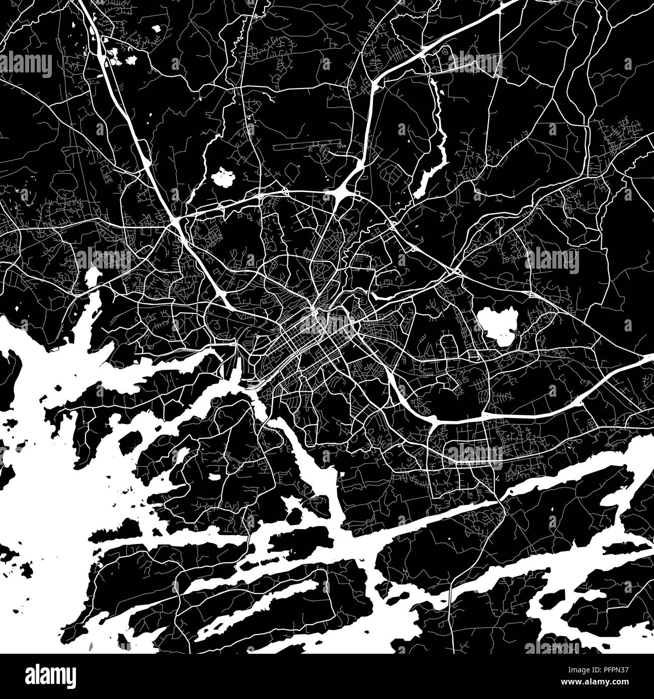 Area map of Turku, Finland. Dark background version for infographic and marketing projects. This map of Turku, contains typical landmarks with streets Stock Vector