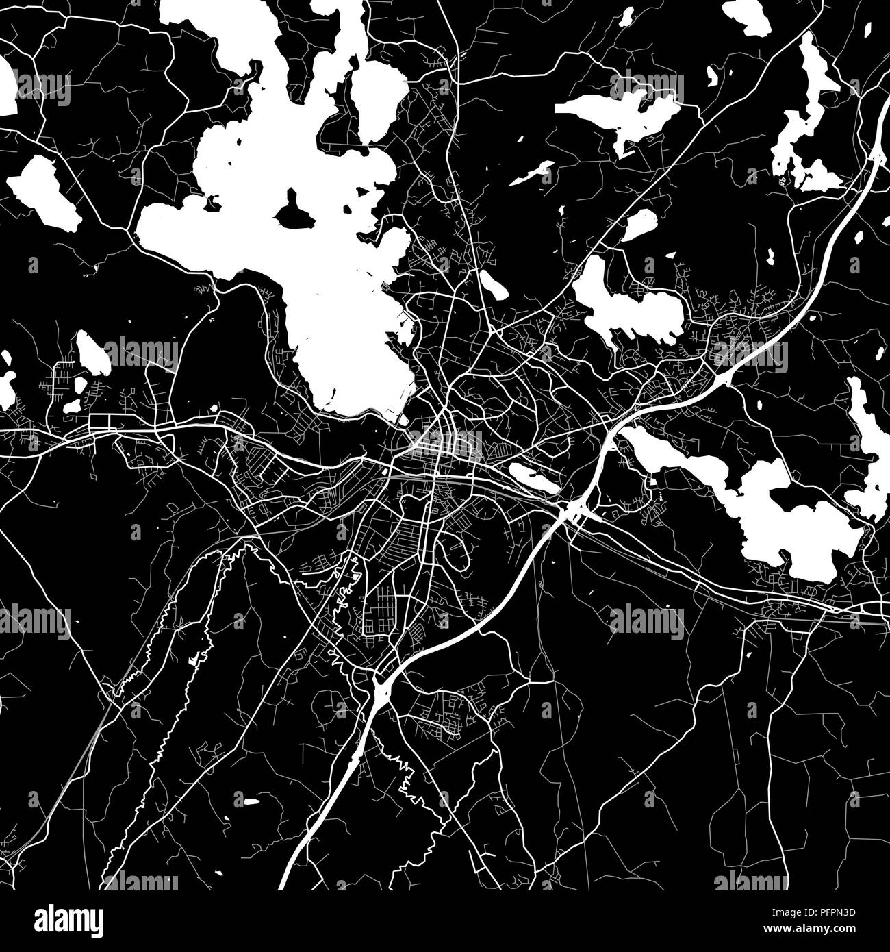 Area map of Lahti, Finland. Dark background version for infographic and marketing projects. This map of Lahti, contains typical landmarks with streets Stock Vector