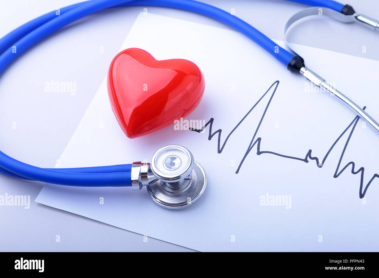 Medical stethoscope and red heart with cardiogram isolated on white ...