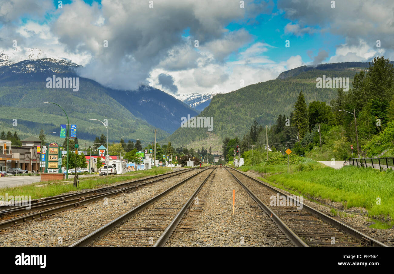 Wide angle view of the railway tracks at Revelstoke in British Columbia Stock Photo