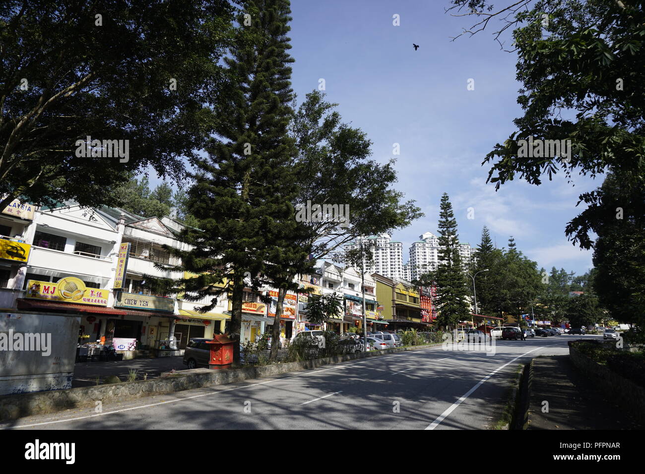 row of shops, mostly restaurants, at Gohtong Jaya, a satellite town of Genting Highlands, Malaysia Stock Photo