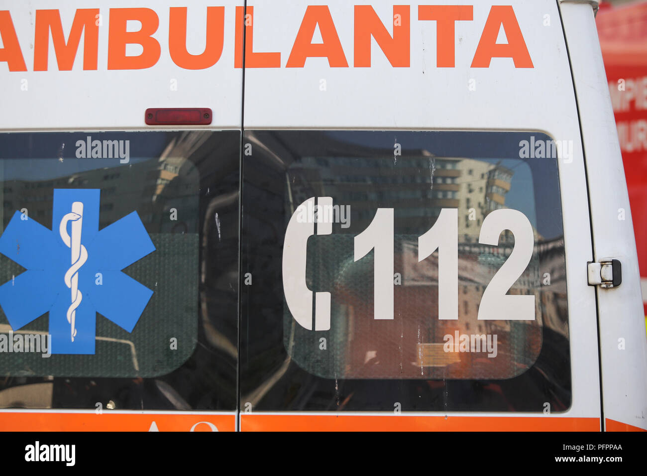 BUCHAREST, ROMANIA - August 13, 2018: Details of a Romanian ambulance at Floreasca Emergency Hospital Stock Photo