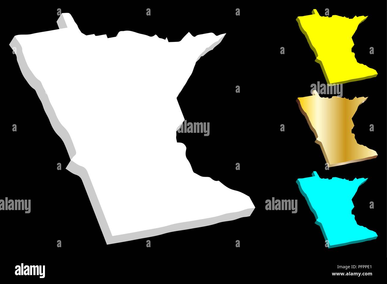 3D map of Minnesota (United States of America, Land of 10,000 Lakes) - white, yellow, blue and gold - vector illustration Stock Vector