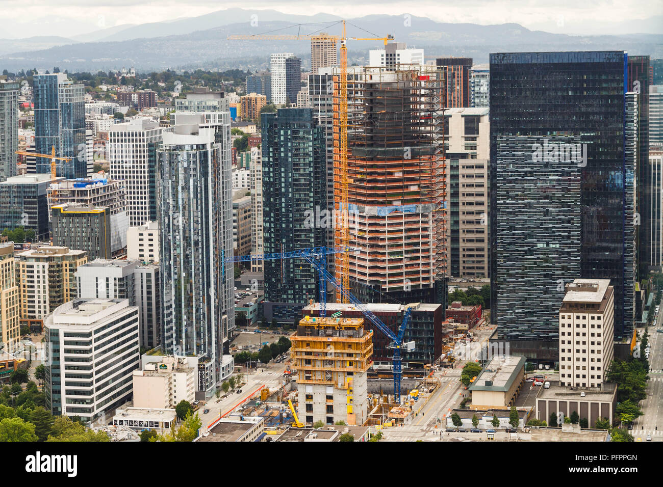 An aerial view of high rise buildings with on going construction site in downtown Seattle, Washington, USA as of 18th August, 2018. Stock Photo