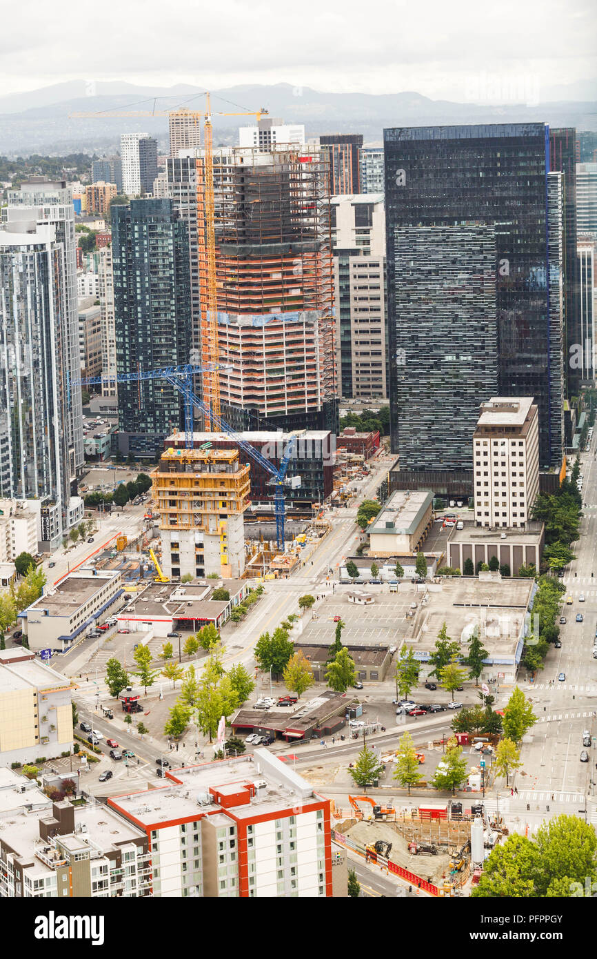 An aerial view of high rise buildings with on going construction site in downtown Seattle, Washington, USA as of 18th August, 2018. Stock Photo