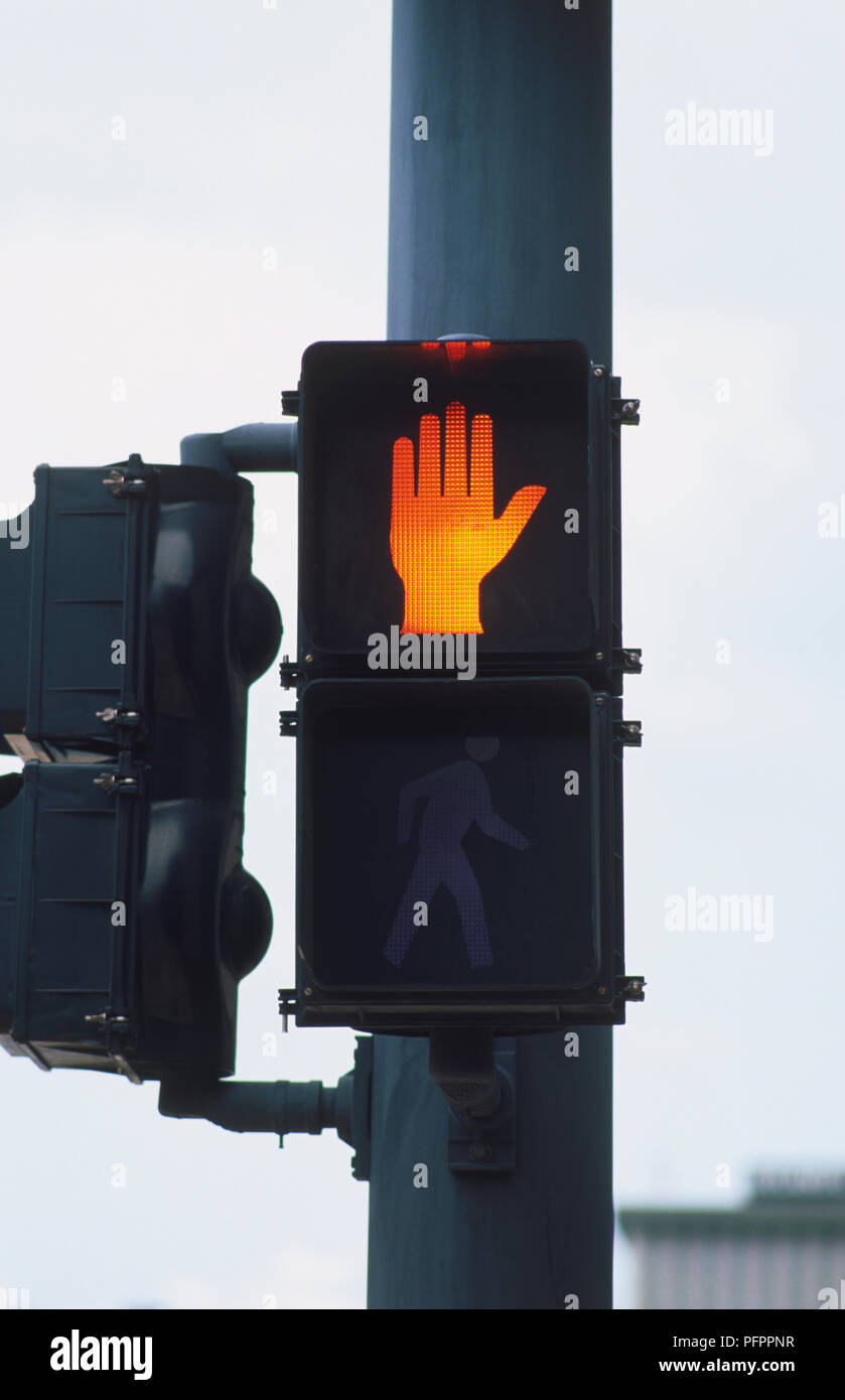 USA, Florida, traffic signal showing raised hand, signifying 'Stop