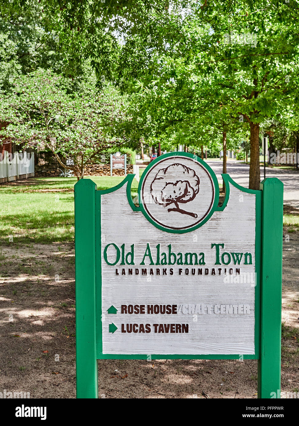 Old Alabama Town sign giving directions to the outdoor museum in Montgomery Alabama, USA. Stock Photo