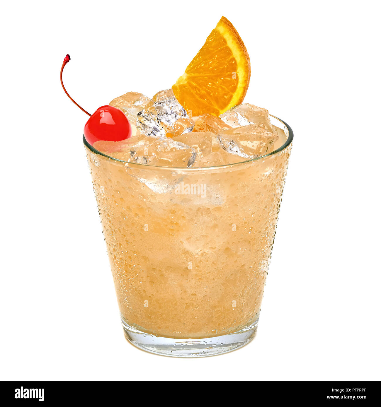 Tom Collins or Whiskey sour cocktail with maraschino cherry and lemon slice  isolated on white background Stock Photo - Alamy