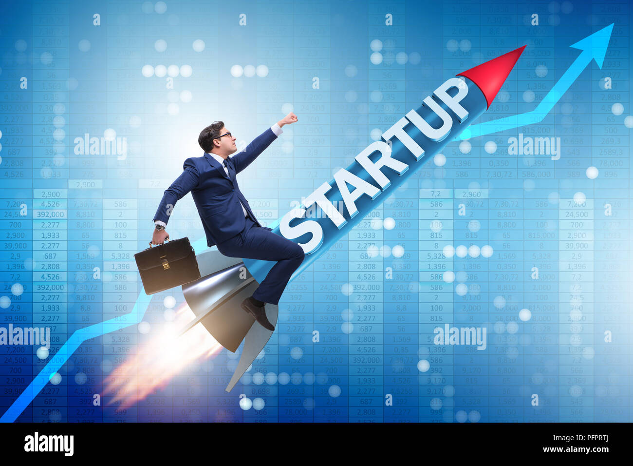 Businessman in start-up concept flying on rocket Stock Photo - Alamy