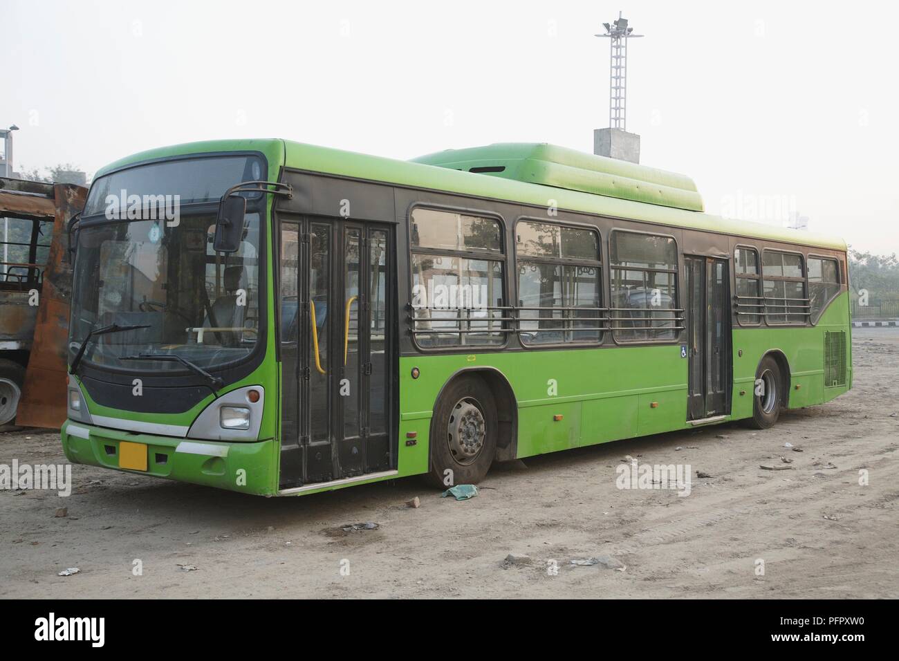 India, Delhi, bus parked in bus yard Stock Photo