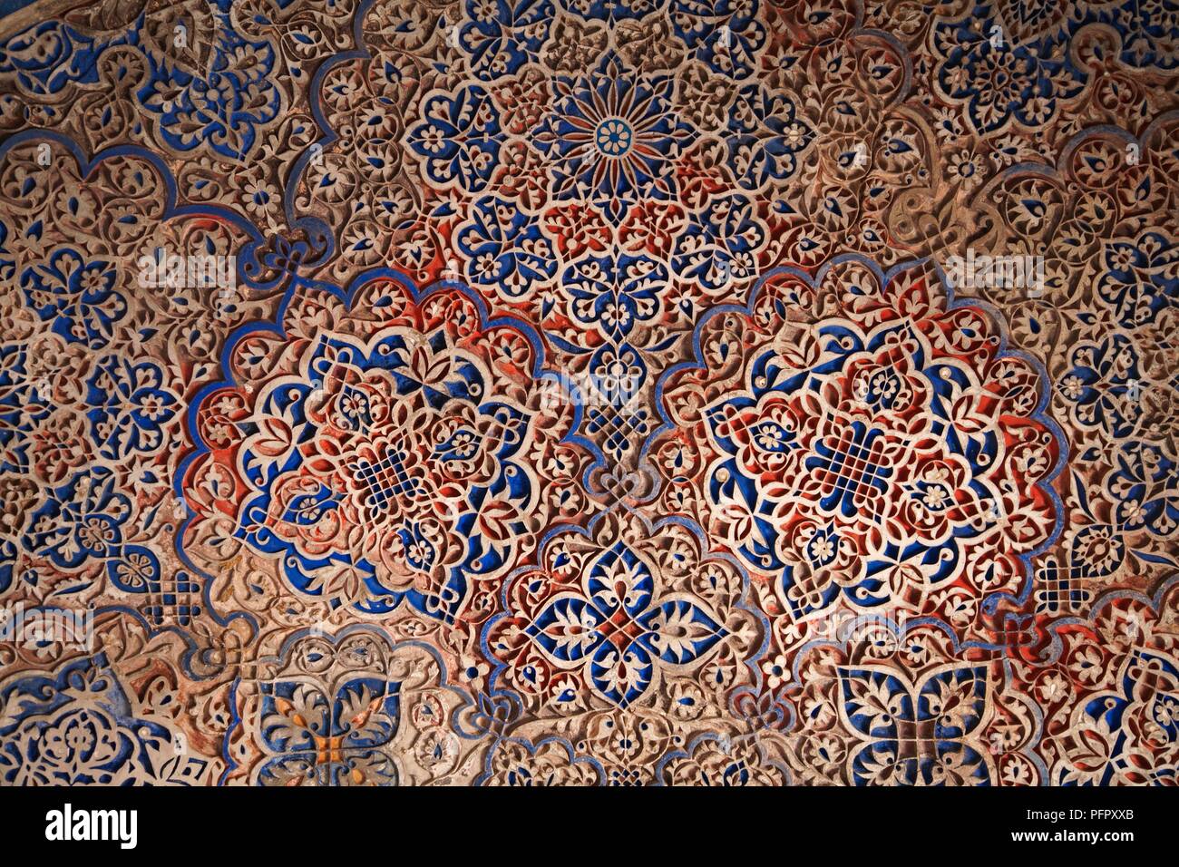 India, Delhi, Jamali Kamali Mosque, carved floral pattern, close-up Stock Photo