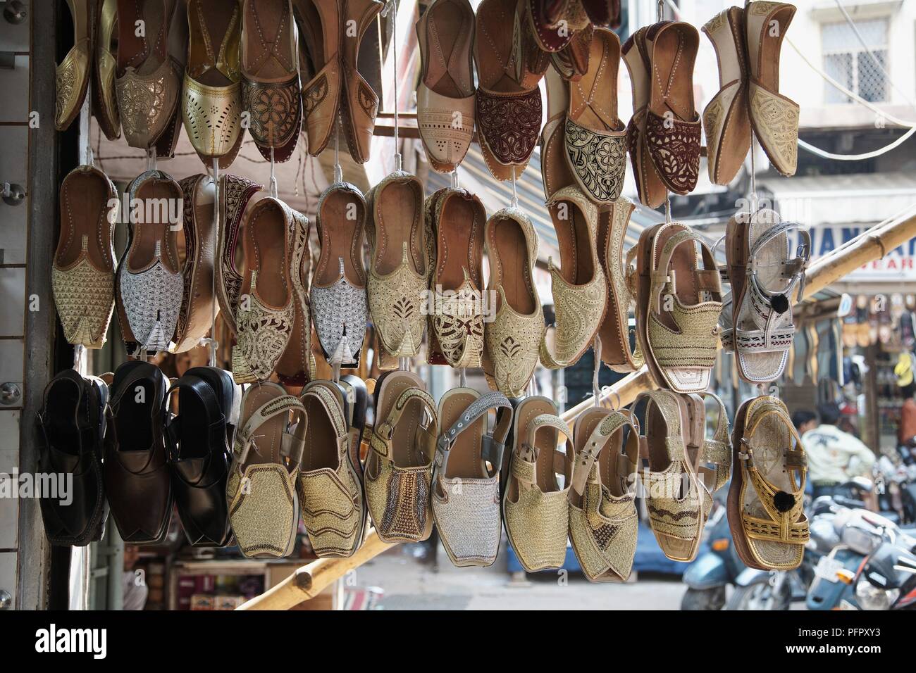 India, Delhi, Ballimaran Market, handmade leather shoes on display