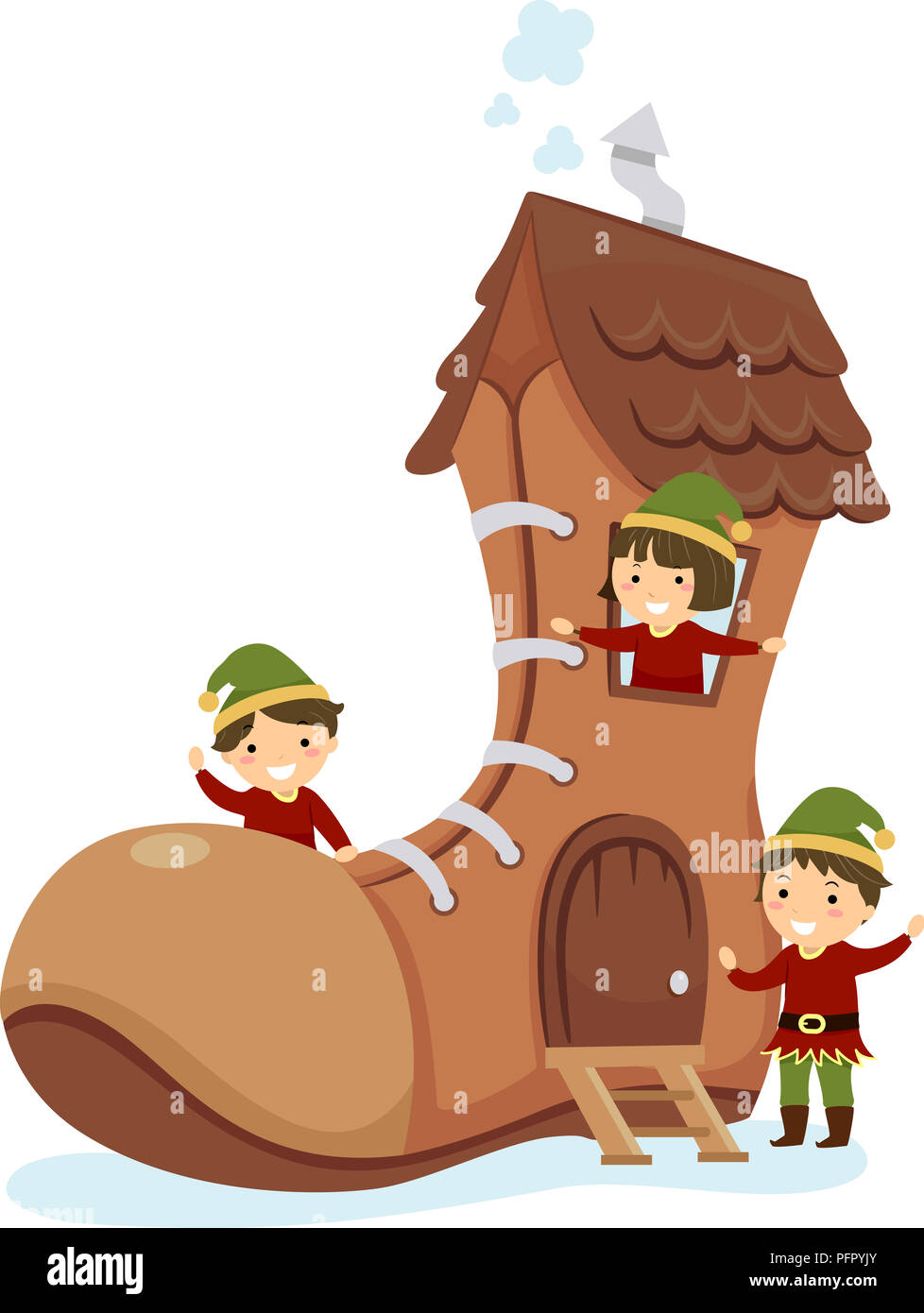 Illustration of Stickman Kids Elf with a Big Brown Shoe House Stock Photo