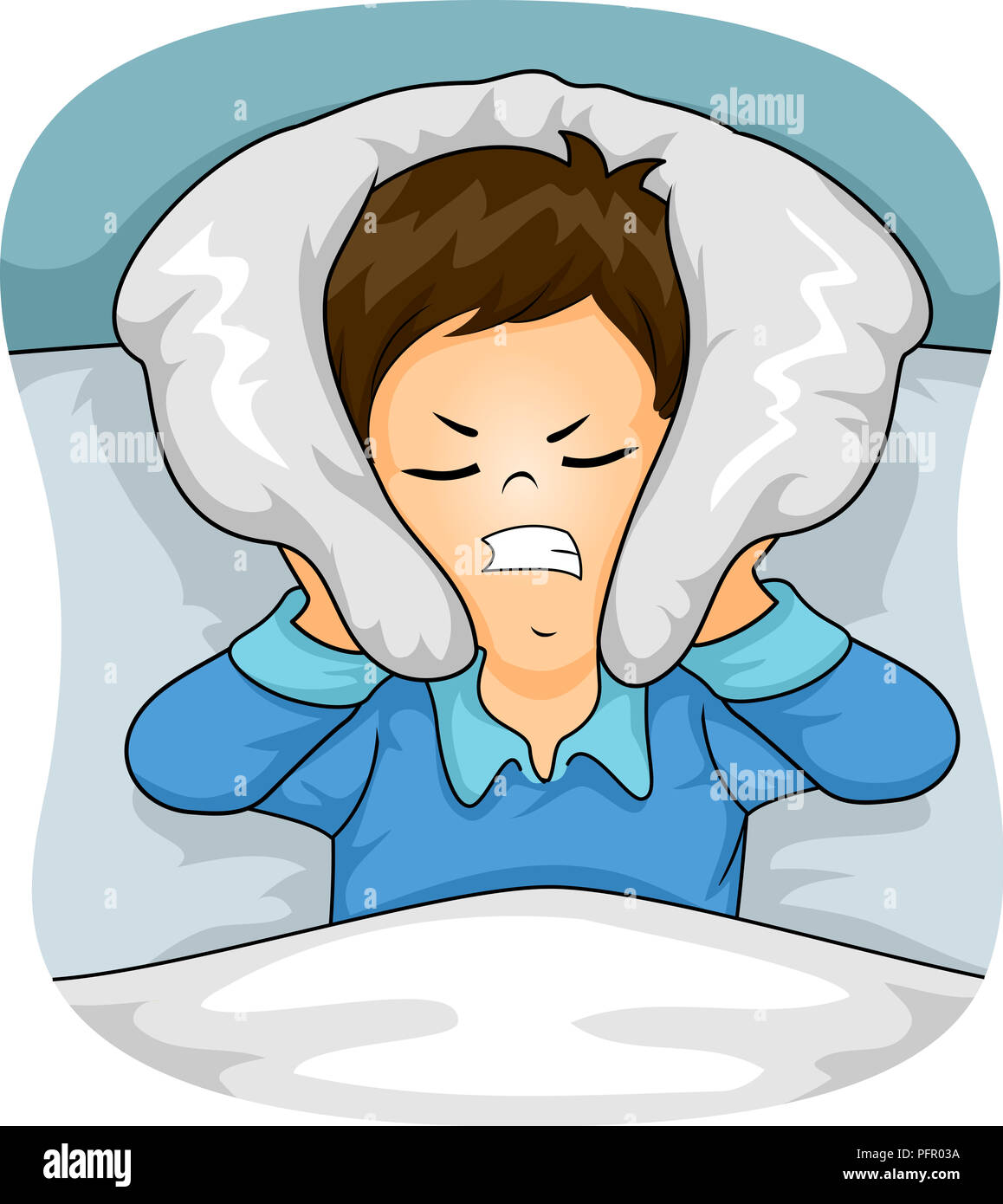 Illustration of a Kid Boy Covering His Ear with Pillow Having a Hard