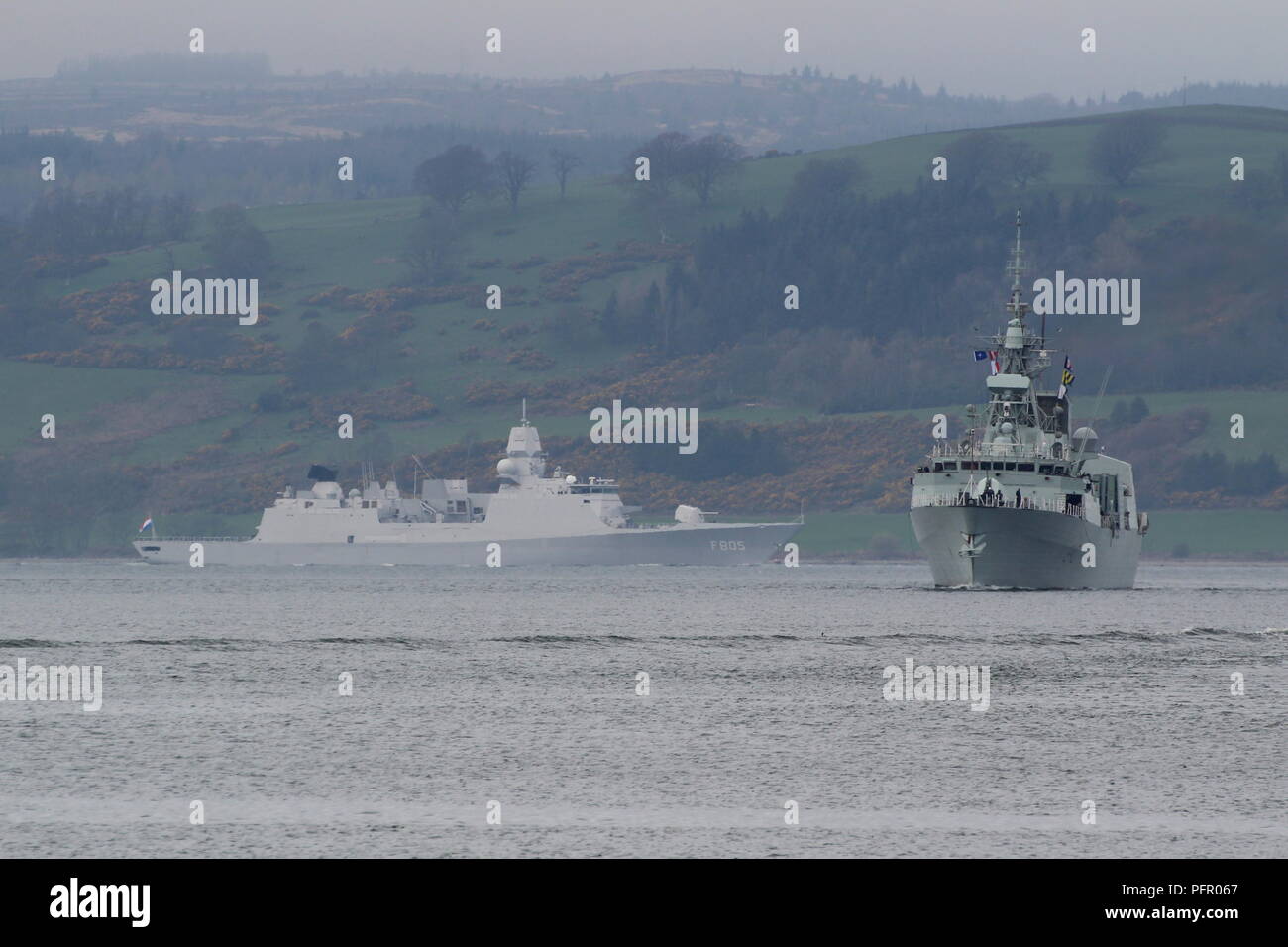 HMCS St John's (FFH-340) of the Canadian Navy, and HNLMS Evertsen (F805) of the Netherlands Navy, off Greenock during Exercise Joint Warrior 18-1. Stock Photo