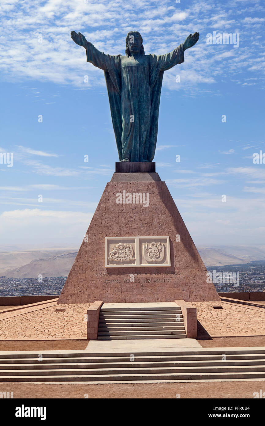 Chile, Arica city, Morro de Arica hill, Cristo de la Concordia, statue of Jesus Christ Stock Photo