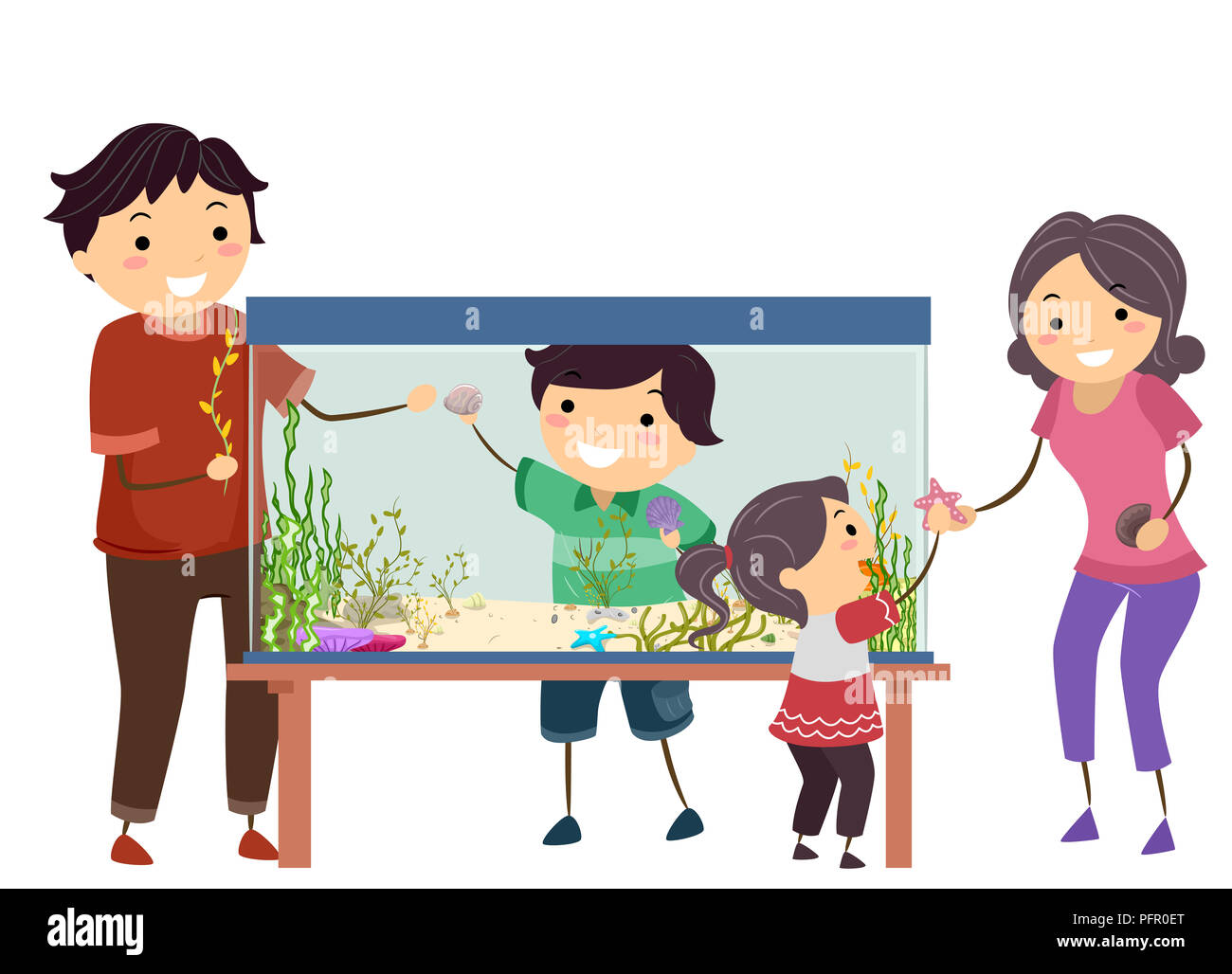 Illustration of a Stickman Family Decorating an Aquarium Stock Photo