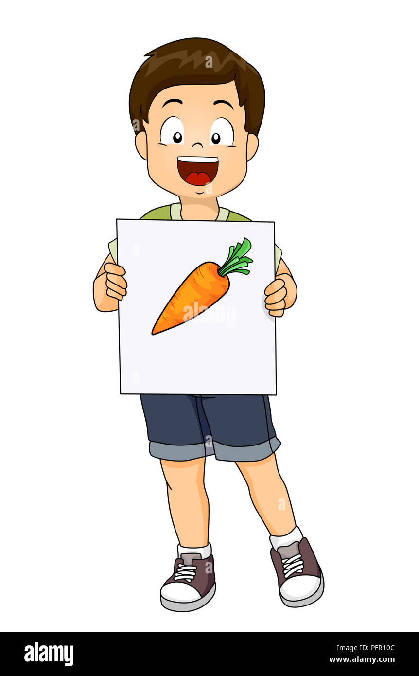 Illustration of a Kid Boy Holding a Big Flash Card Carrot with ...