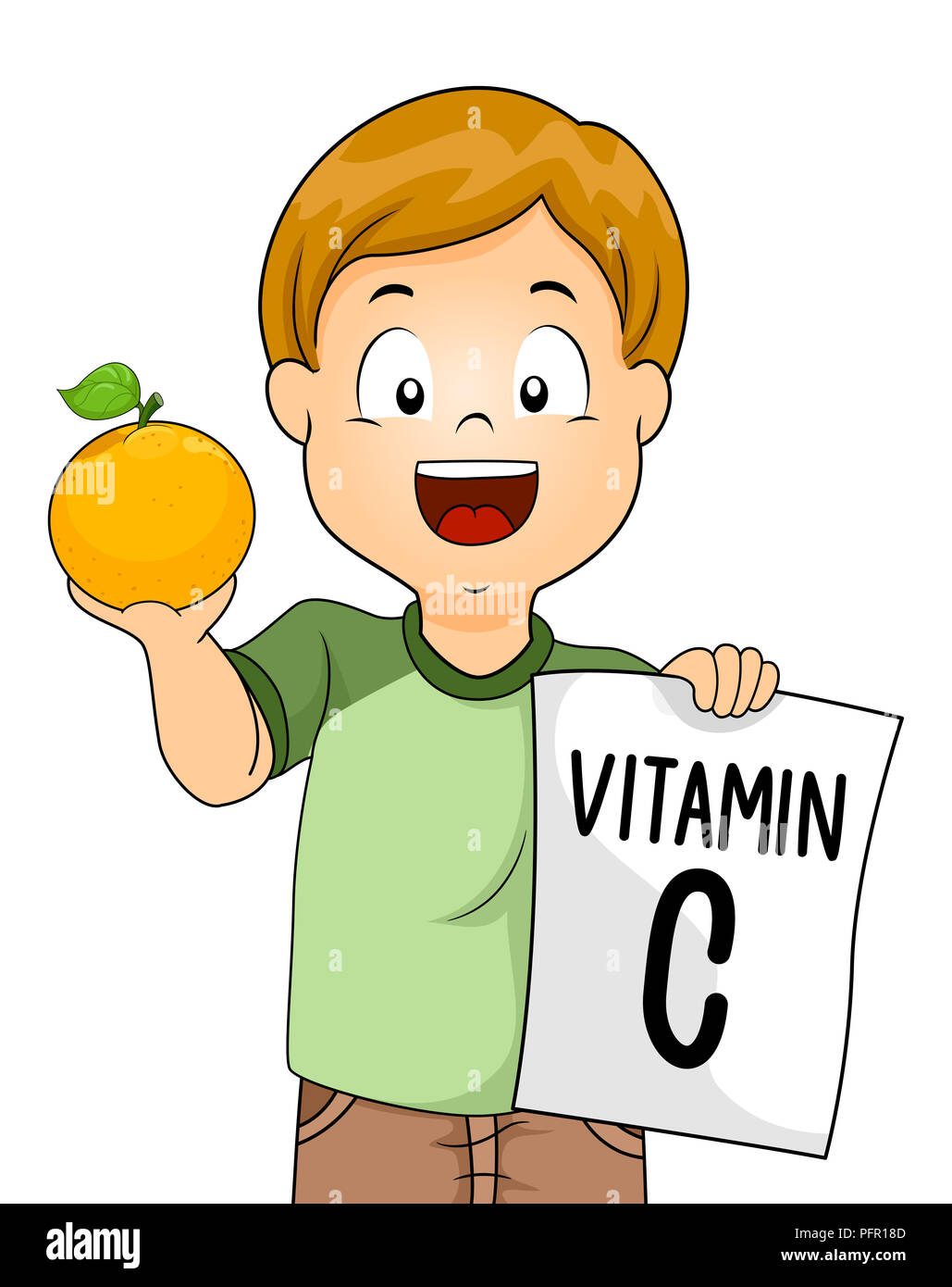 Illustration of a Kid Boy Holding an Orange Fruit and a Vitamin C on