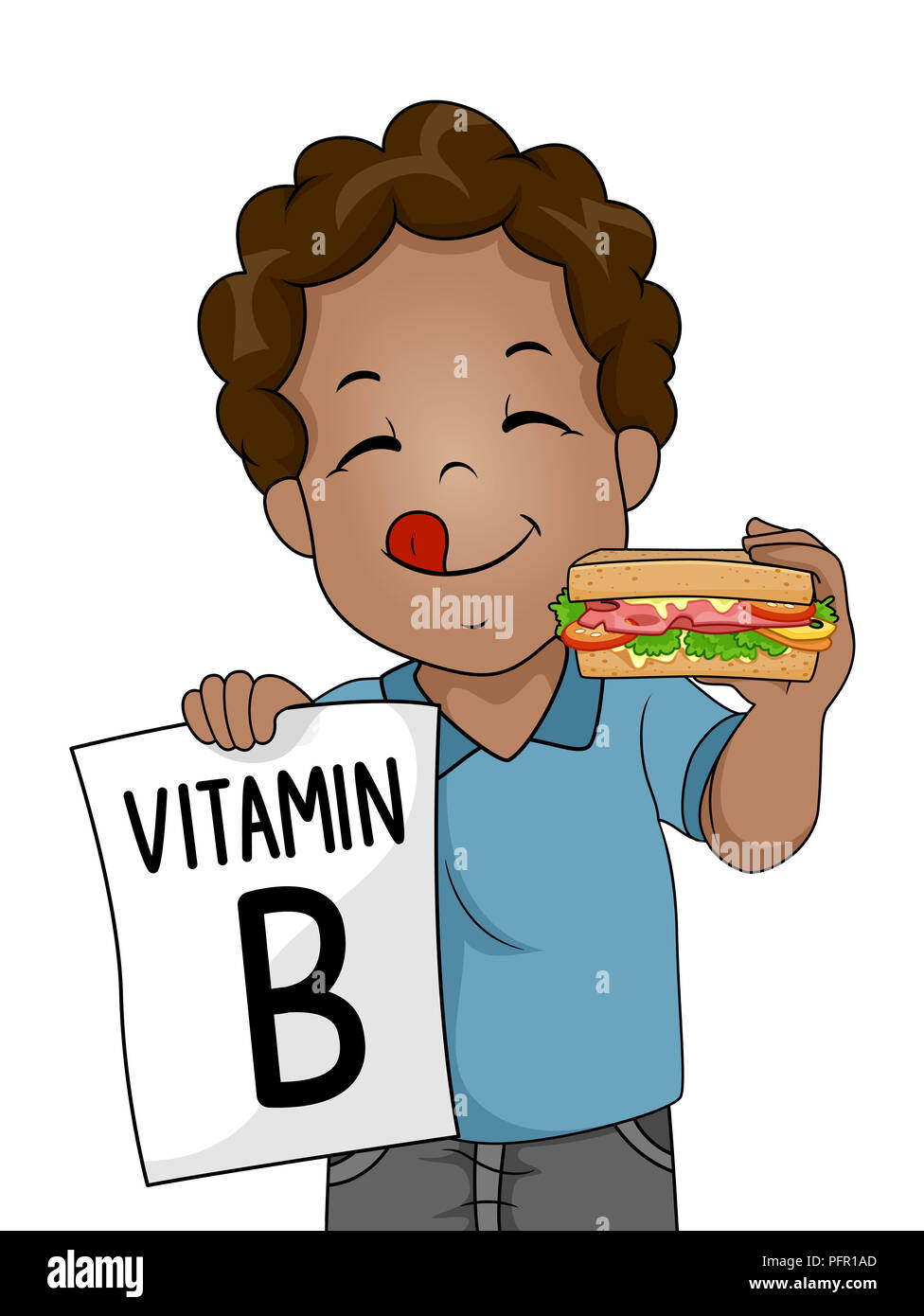 Illustration of a Kid Boy Holding a Ham and Cheese Sandwich and a