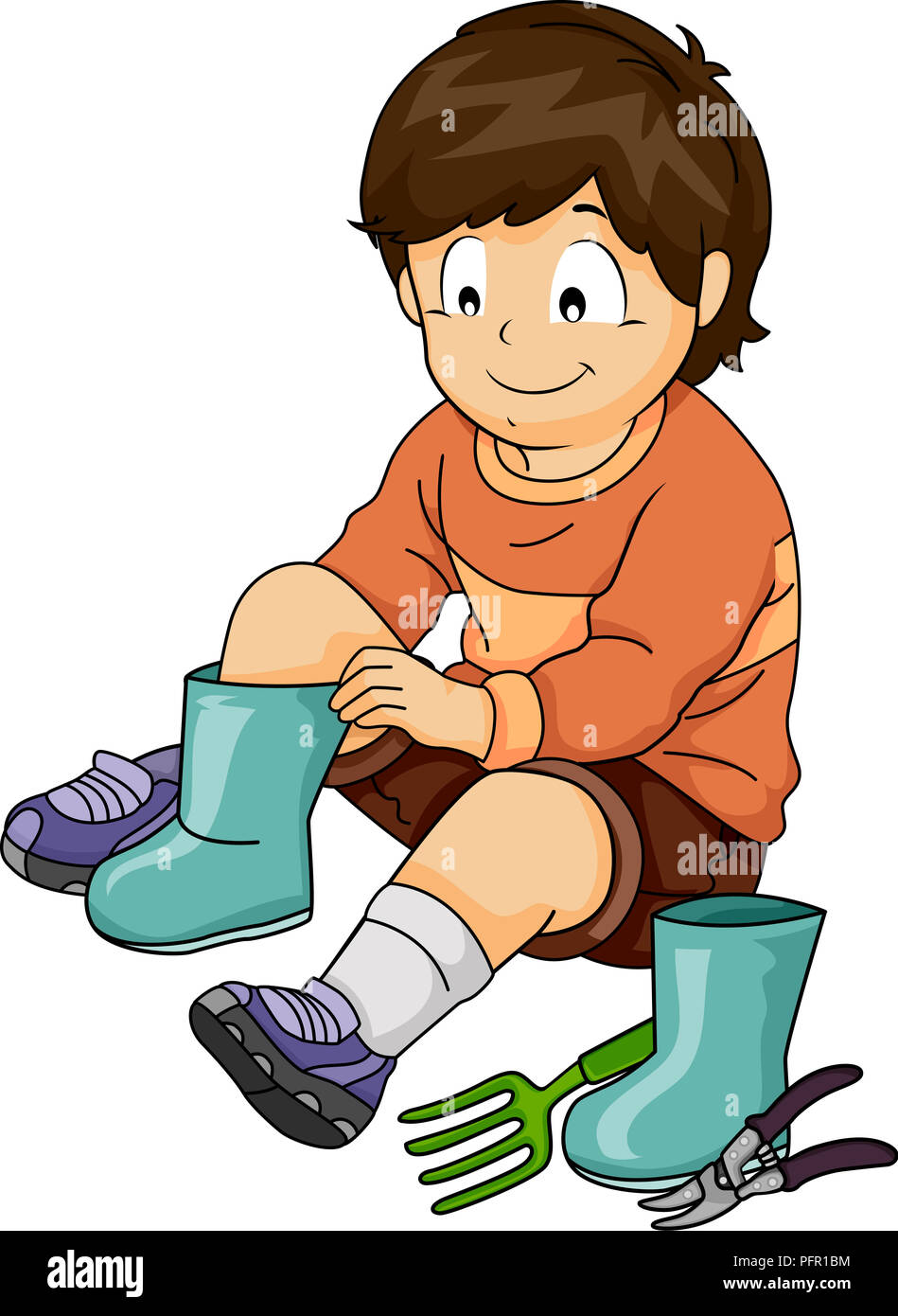 Illustration of a Kid Boy Changing into Gardening Boots with Garden ...