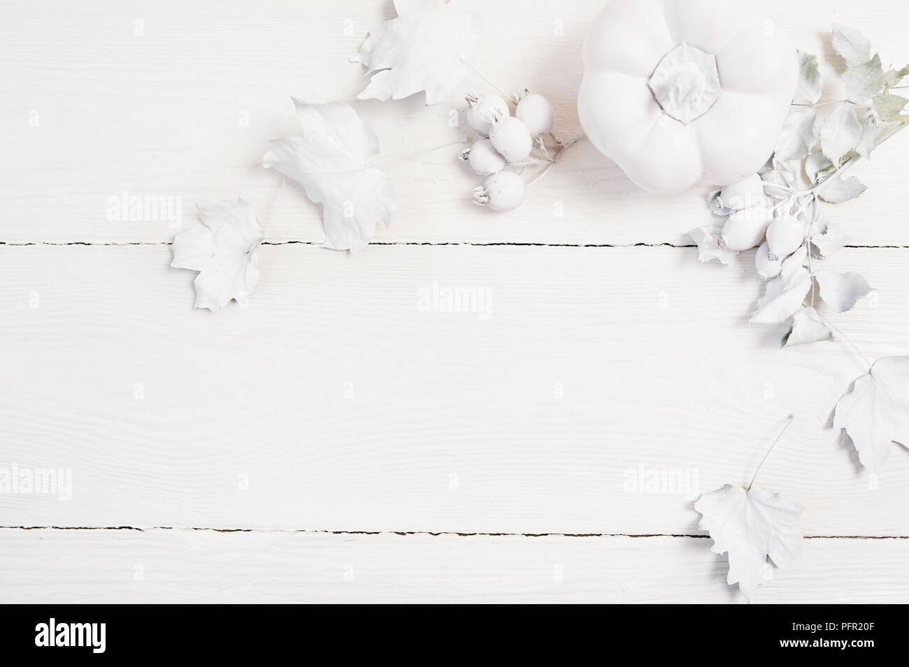 Mockup white pumpkin, berries and leaves on a wooden autumn background ...