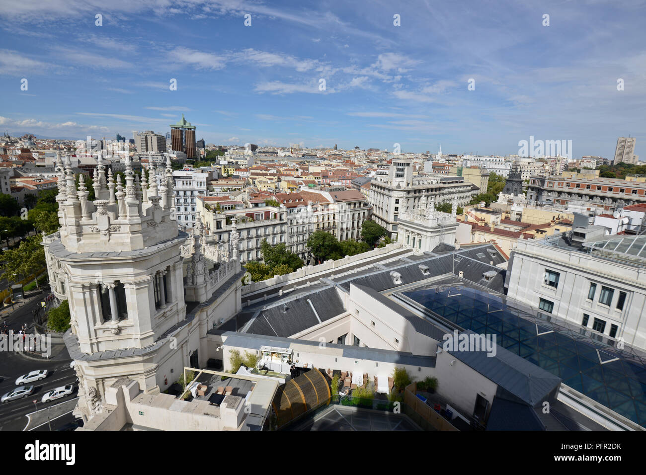 Madrid: panoramic view from Cybele Palace: Cybele Square, Gran Via, Cibeles Fountain, Spain Stock Photo