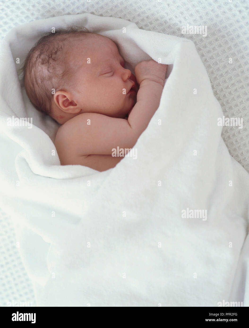 Newborn baby girl sleeping, wrapped in white blanket Stock Photo