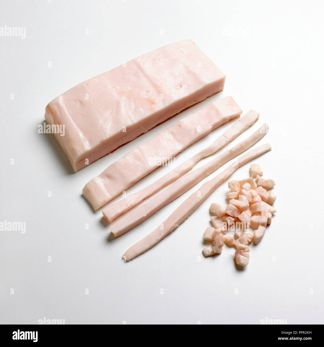 Whole, sliced and chopped pork back fat sausage ingredient Stock Photo