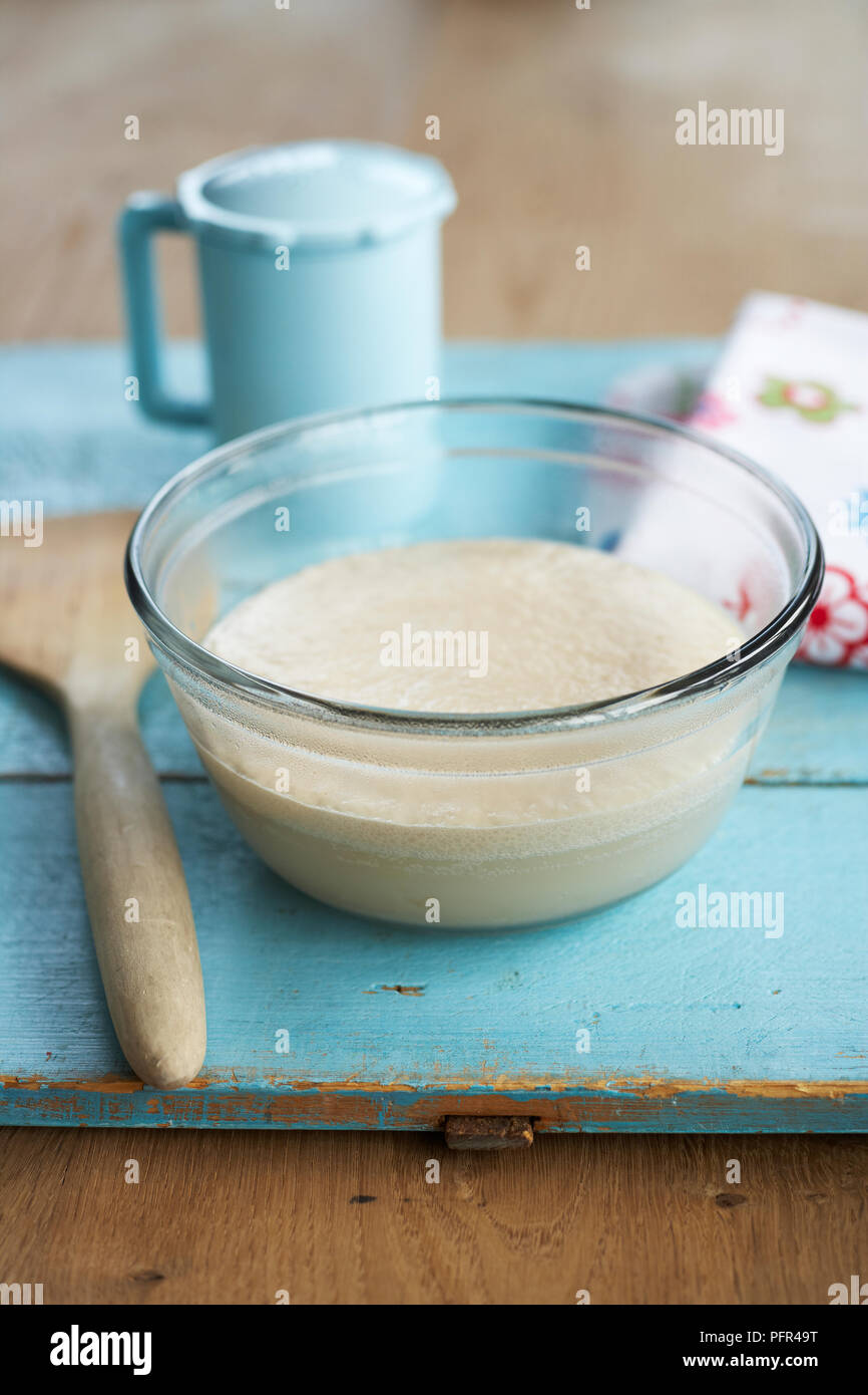Yeast based bread dough rising in bowl Stock Photo