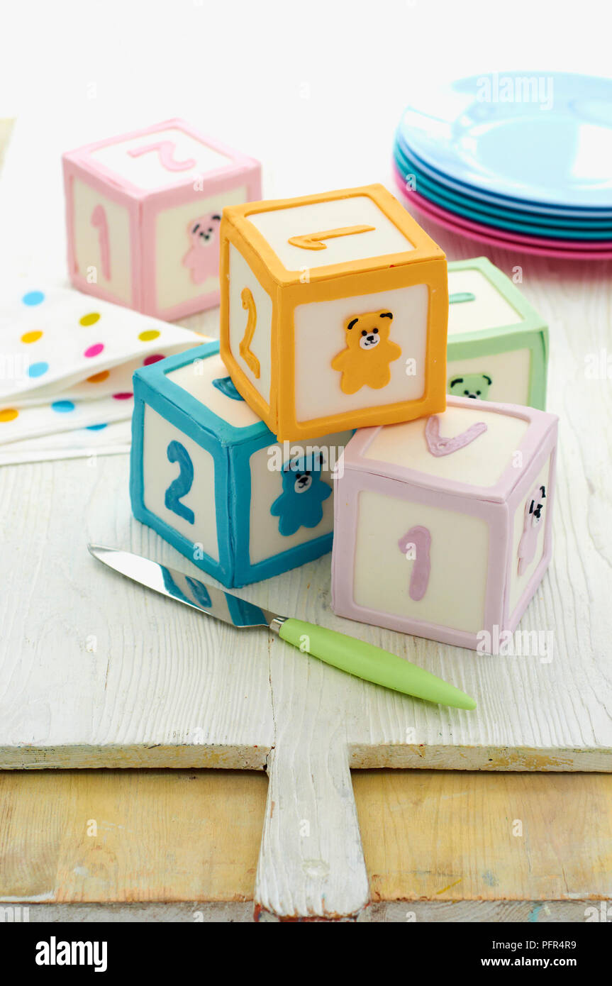 Teddy bear and number cube cakes Stock Photo