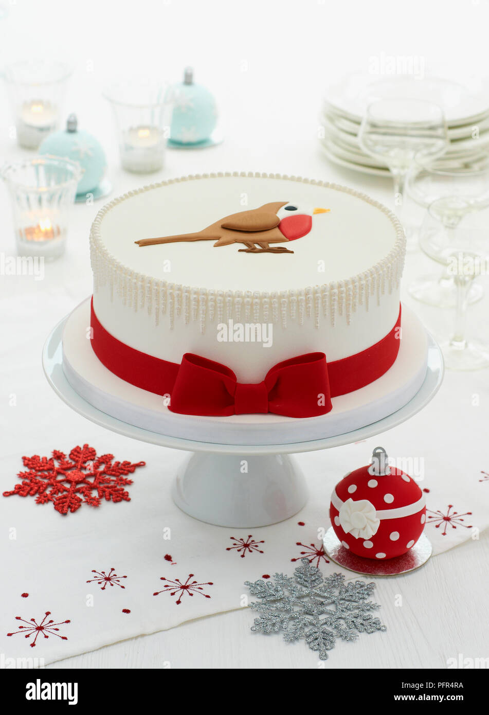 Christmas cake with robin icing Stock Photo