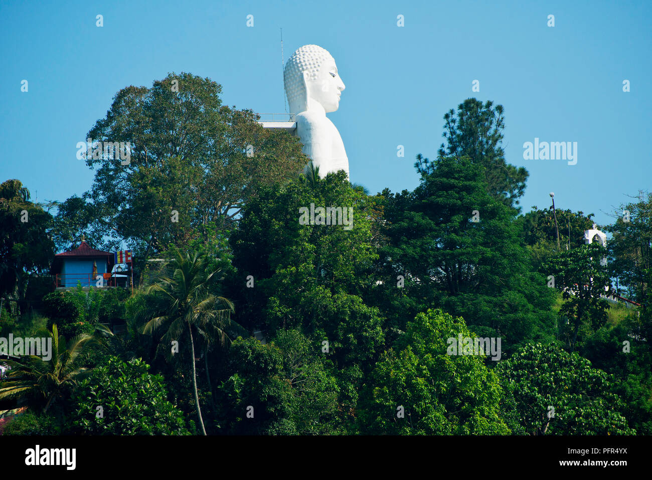 Sri Lanka, Central Province, Kandy, Bahiravokanda Vihara buddha statue overlooking trees Stock Photo