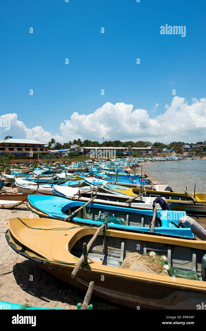 Sri Lanka, Southern Province, Hambantota, fishing boats on beach Stock Photo