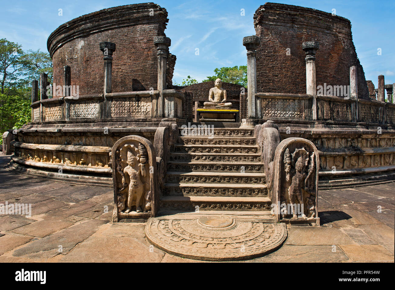 Sri Lanka, North Central Province, Polonnaruwa Vatadage, stairs leading to Buddha statue Stock Photo