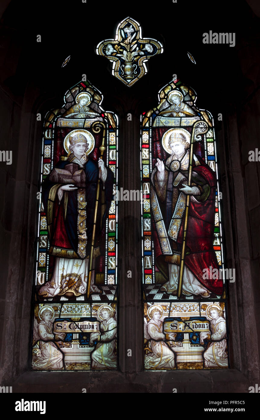 Saint Columba and Saint Aidan stained glass, St. John the Baptist Church, Stanford-on-Soar, Nottinghamshire, England, UK Stock Photo