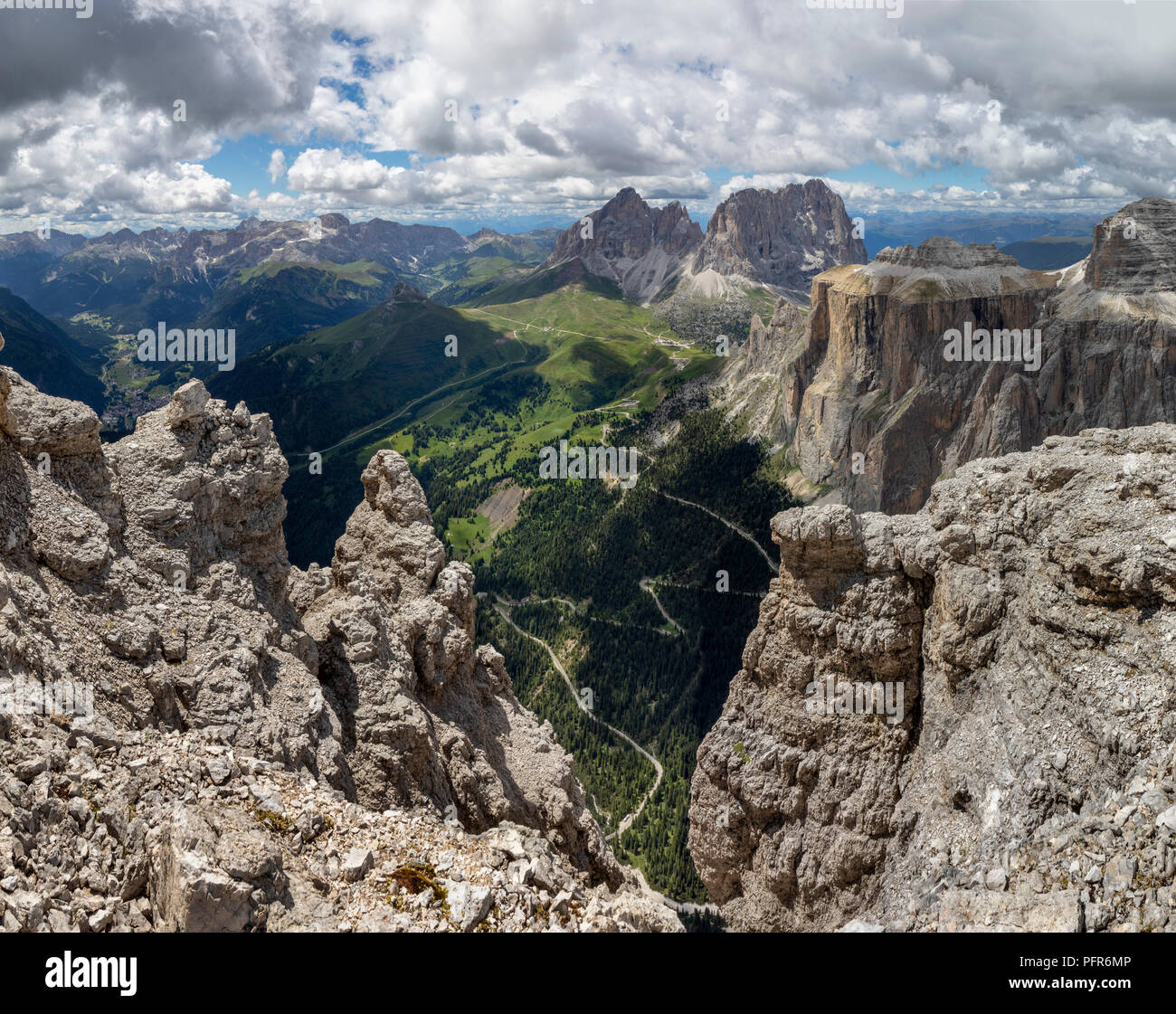 view from the Sass Pordoi along the valley to Campitello in the italian dolomites Stock Photo