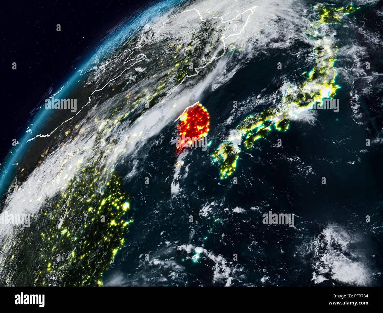 South Korea on planet Earth at night with visible country borders. 3D ...