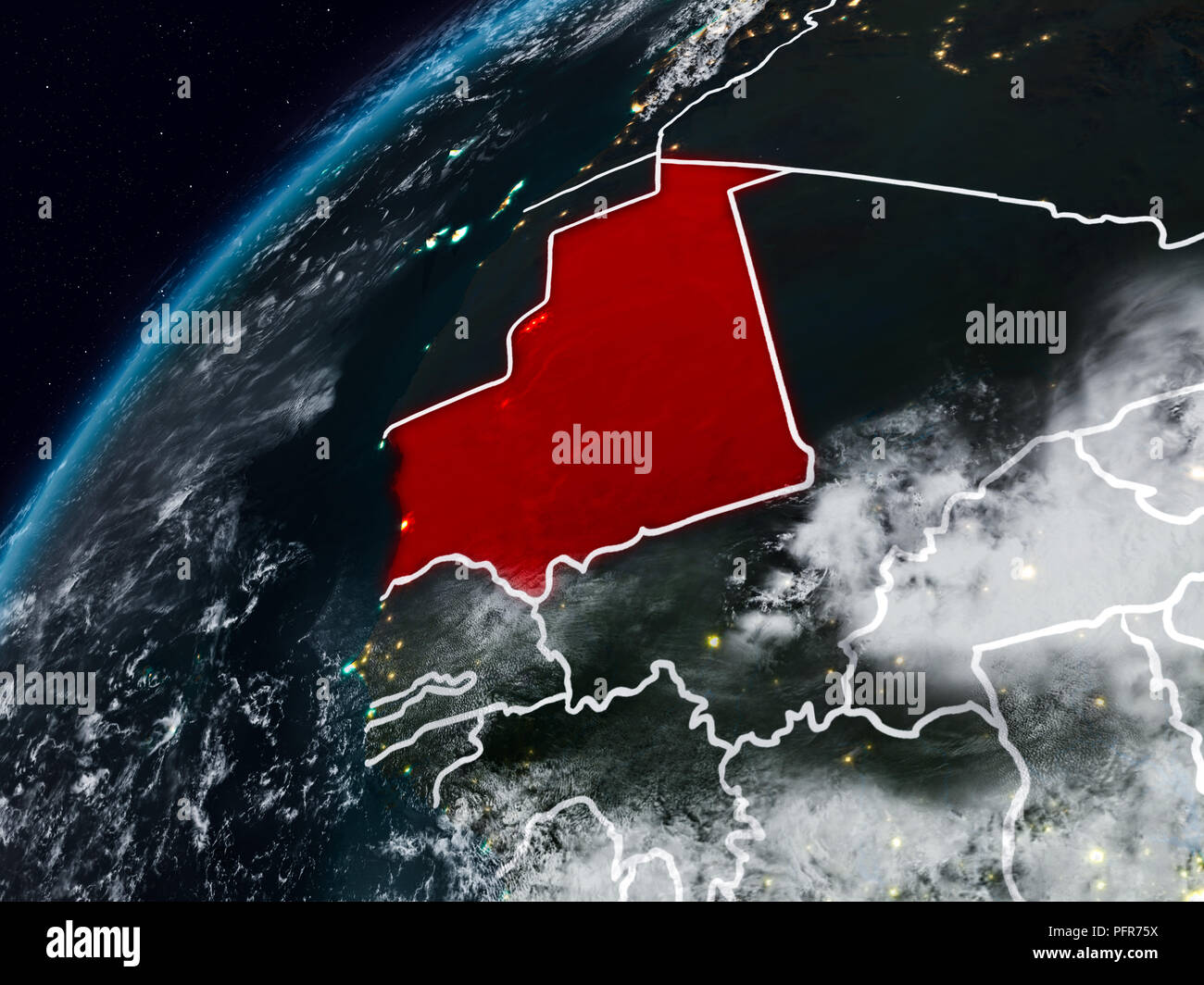 Mauritania on planet Earth at night with visible country borders. 3D ...