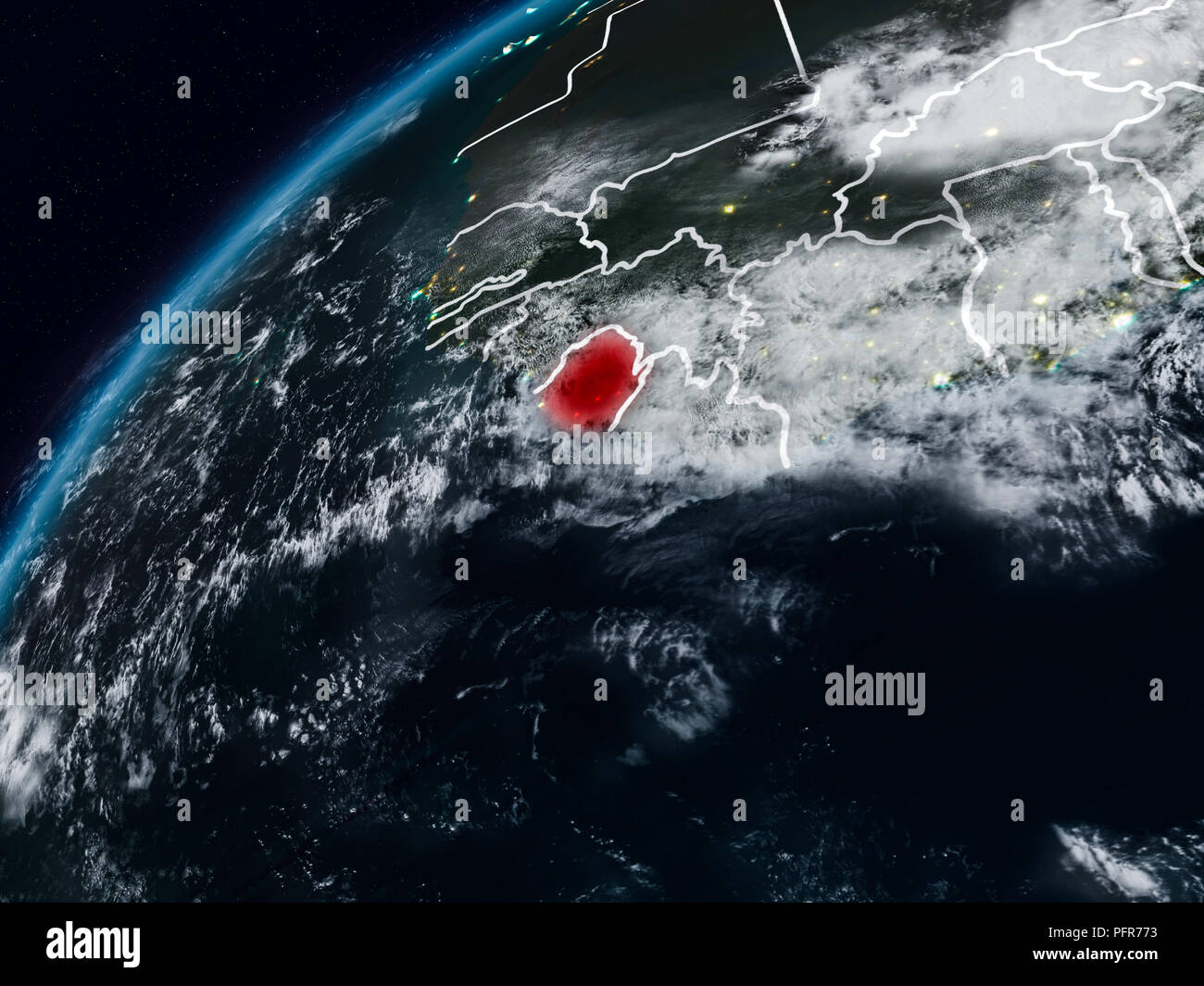 Sierra Leone on planet Earth at night with visible country borders. 3D ...