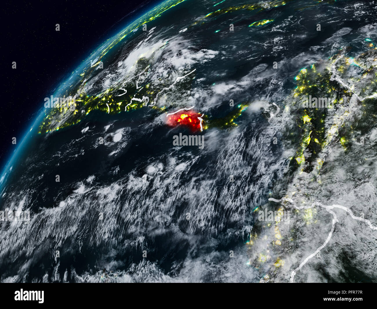 Costa Rica on planet Earth at night with visible country borders. 3D ...